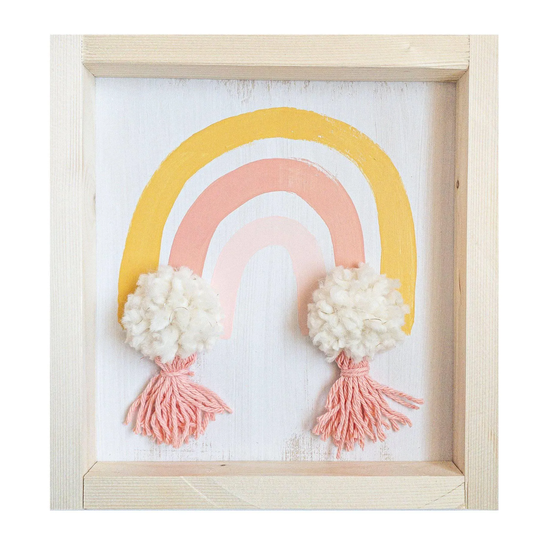 Hand Made Wooden Sign Coral Rainbow with Pom Pom & Tassels LAST TWO