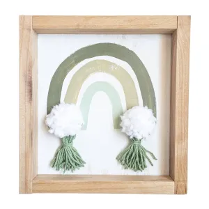 Hand Made Wooden Sign Olive Rainbow with Pom Pom & Tassels