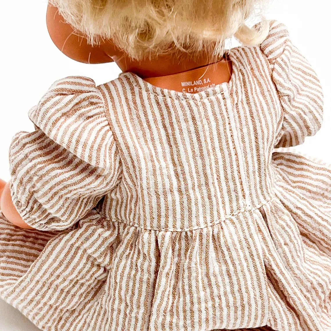 Miniland Doll Clothing 38cm | Dress   Headband | Beige Stripe